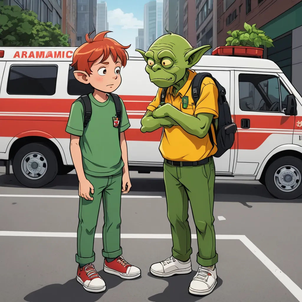 a boy and a boy in a green outfit standing in front of an ambulance with a green creature on his back, shock art, a comic book panel, Adam Manyoki, official art
