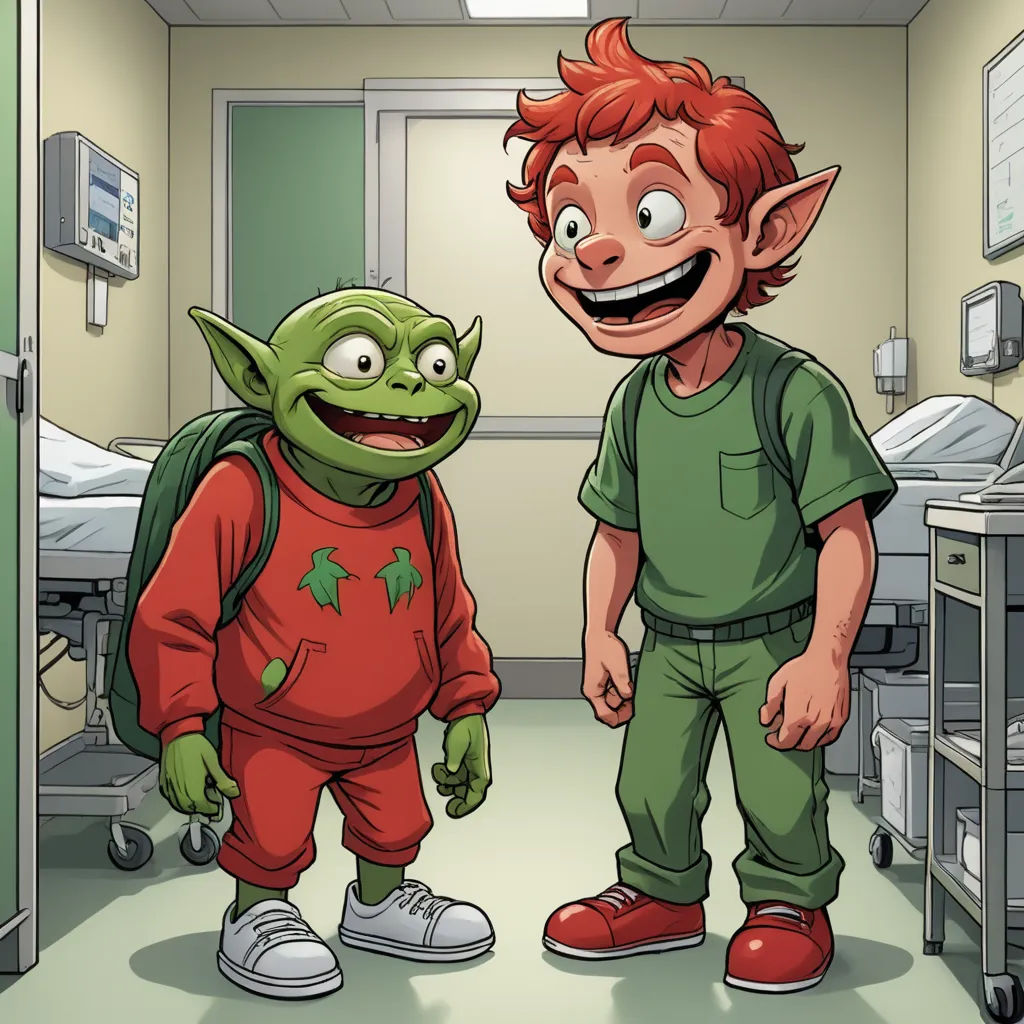 a cartoon of a boy and a yoda in a hospital room with a bed and a monitor screen, sots art, a storybook illustration, Andries Both, storybook illustration