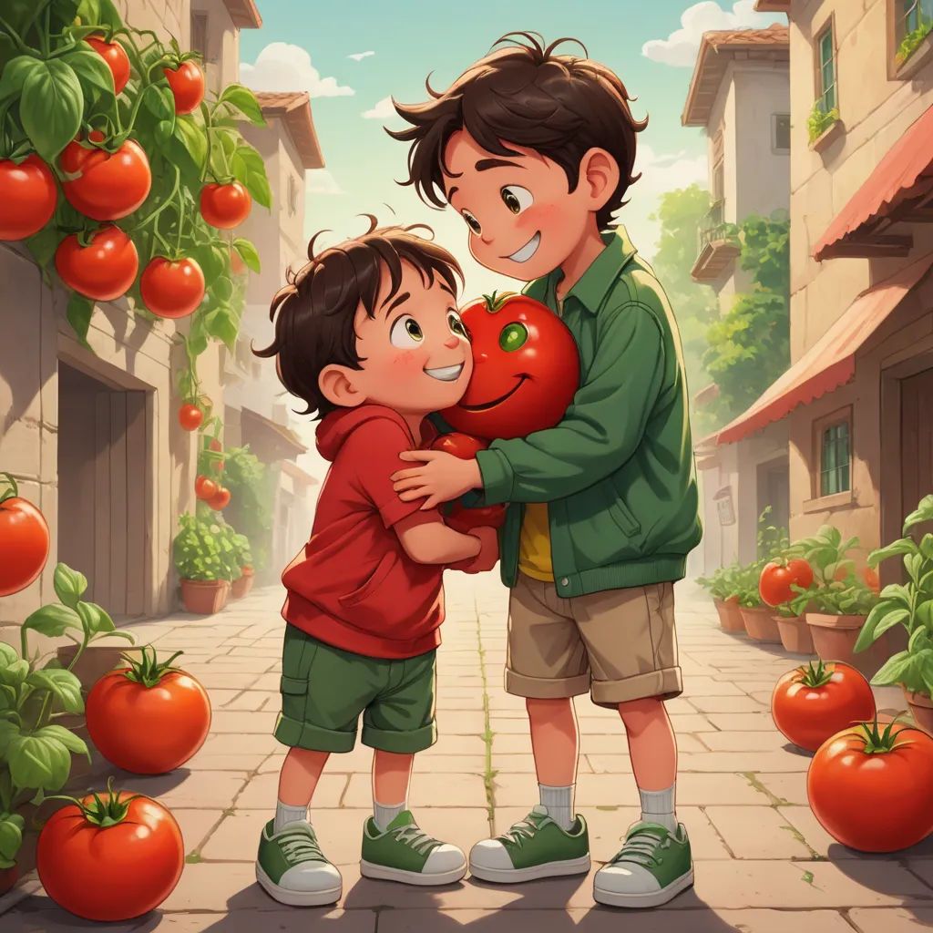 a boy hugging a boy in a courtyard with tomatoes on the vine in the background and a tomato tree in the foreground, lyco art, a storybook illustration, Diego Gisbert Llorens, trending on art station