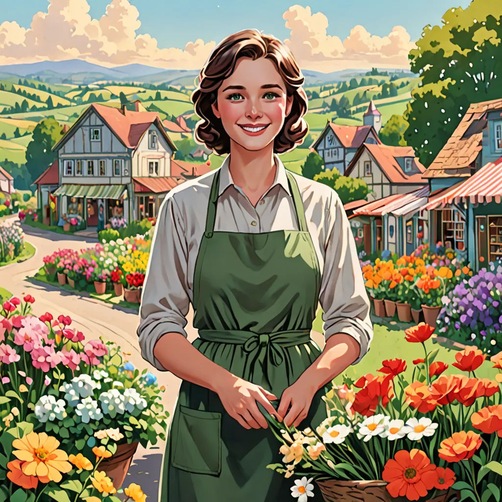 a woman in an apron holding a basket of flowers in front of a flower shop with a house in the background, american scene painting, a character portrait, Bourgeois, game art