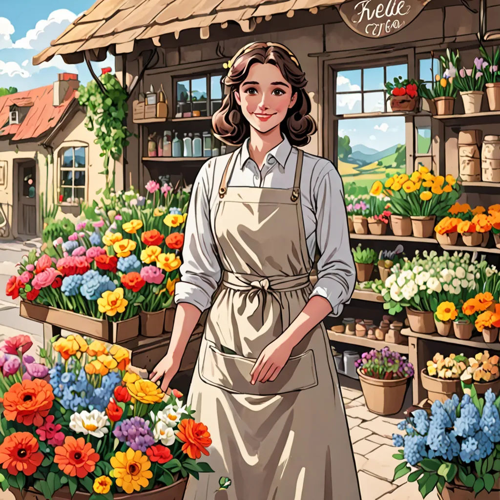 a woman in an apron standing in front of a flower shop with flowers in pots and a sign that says hello hello, fantasy art, a storybook illustration, Anne Said, comic cover art