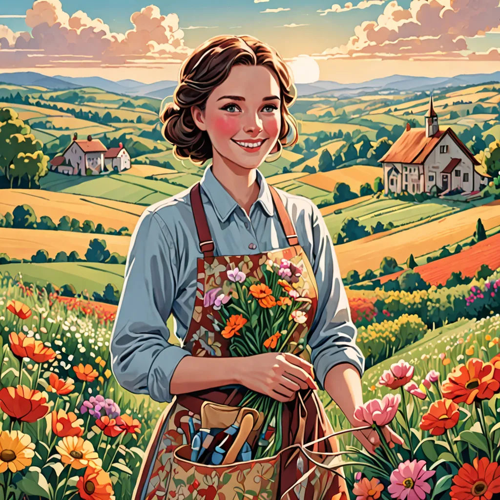 a painting of a woman holding a basket of flowers in a field of flowers with a house in the background, american scene painting, a character portrait, Constance Gordon-Cumming, trending on art station