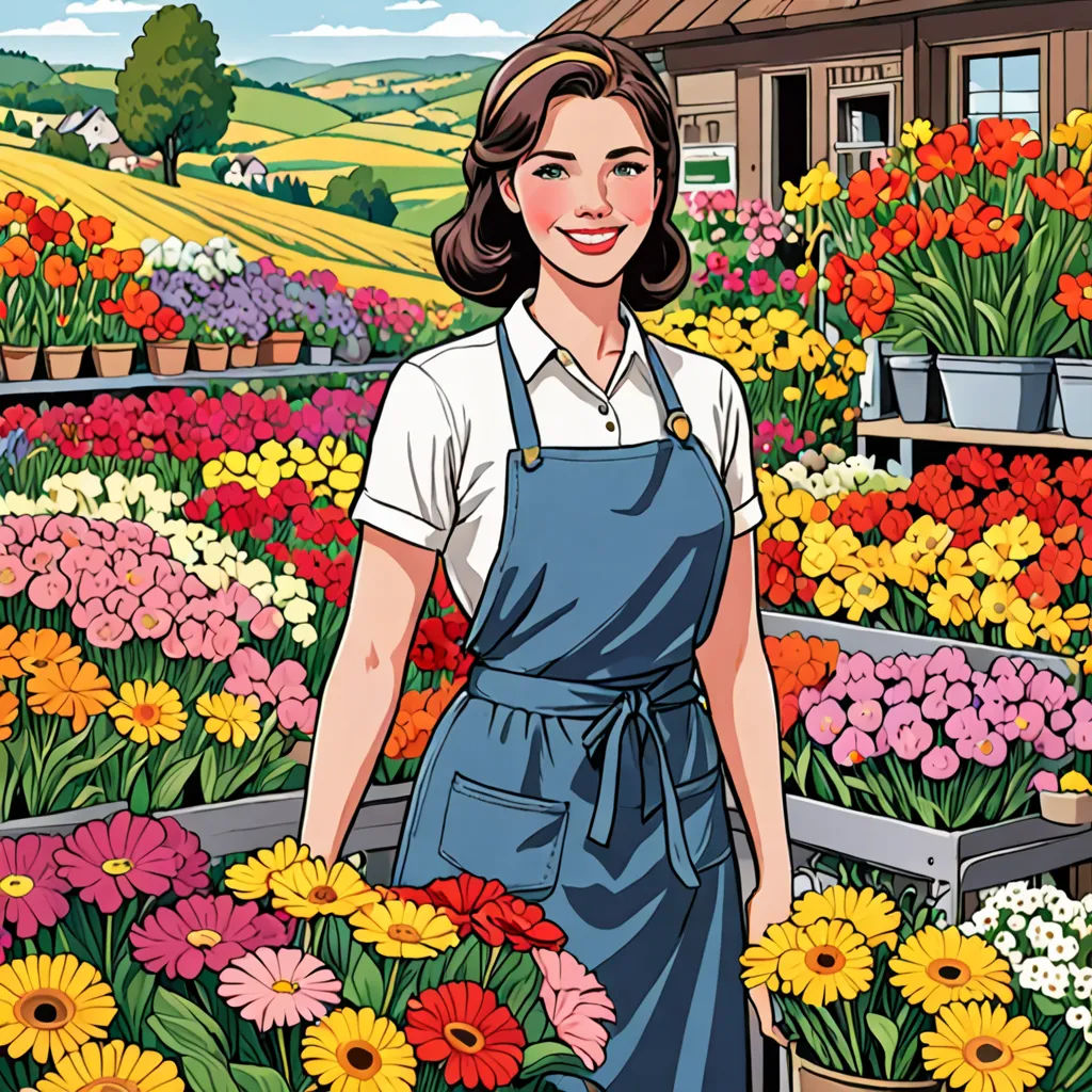 a woman standing in a flower garden with a bunch of flowers in front of her and a barn in the background, american impressionism, a comic book panel, Chris Ware, promotional image