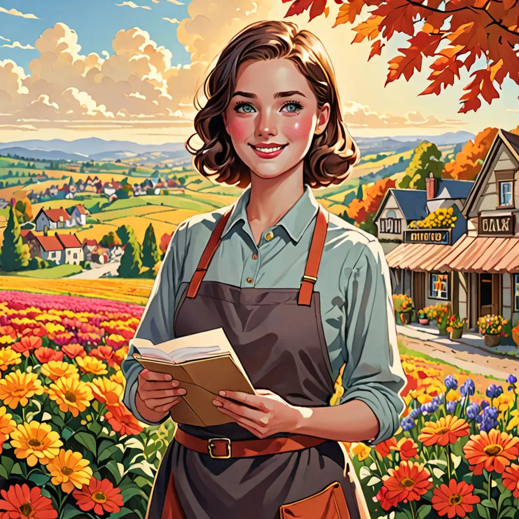 a woman holding a book in a field of flowers with a house in the background and a sky with clouds, american scene painting, a storybook illustration, Colin Middleton, high detail illustration