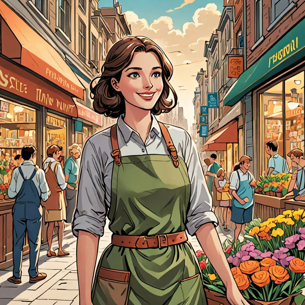 a woman in an apron is standing in front of a flower shop with a basket of flowers in front of her, process art, a comic book panel, Colin Middleton, comic cover art
