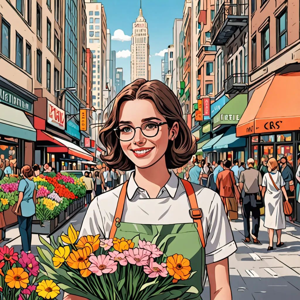 a woman holding a bouquet of flowers in a city street with people walking around and shops on the side of the street, fantastic realism, a comic book panel, Colin Middleton, high detail illustration