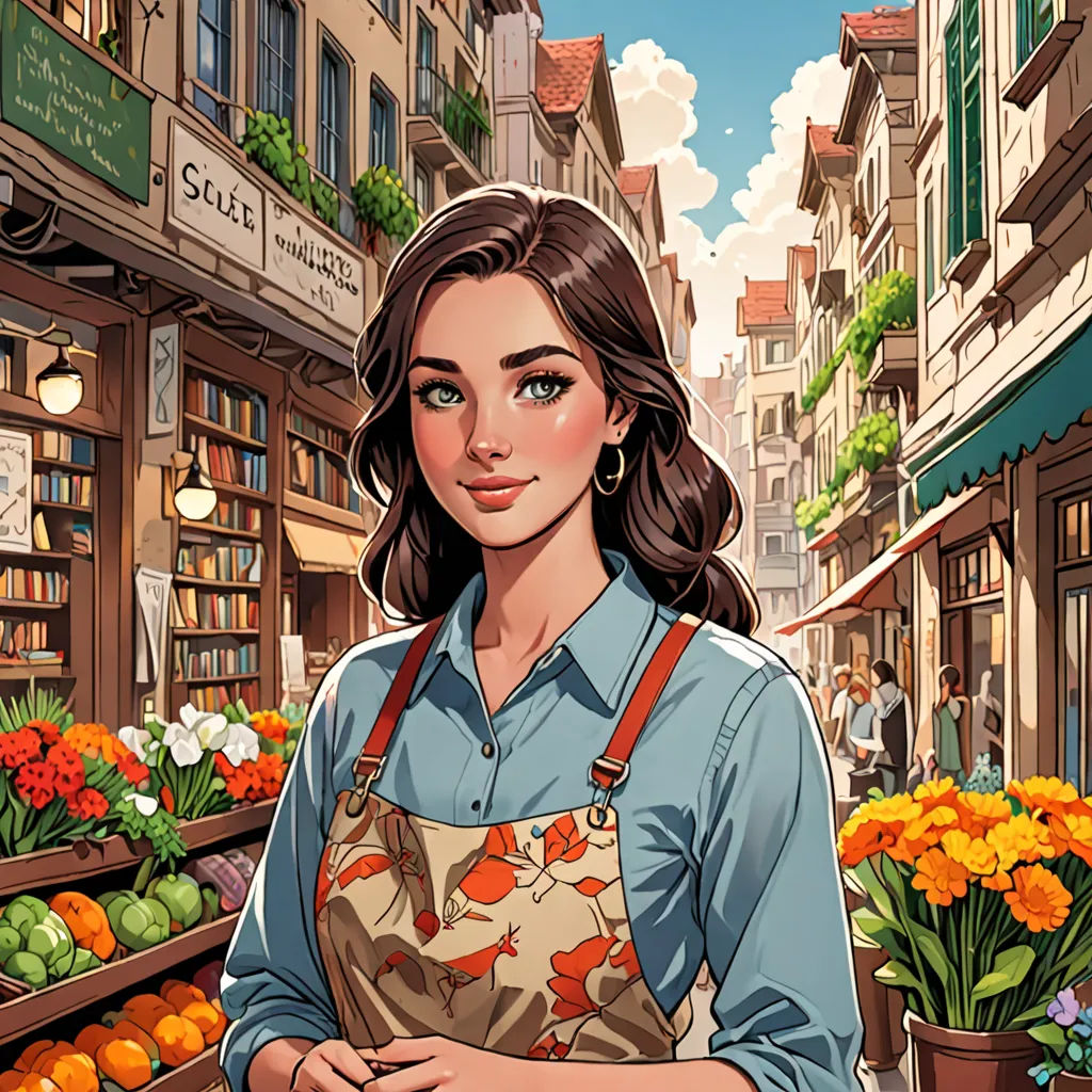 a woman standing in a market with a flower shop in the background and a man standing behind her with a flower pot, fantasy art, a storybook illustration, Colin Middleton, kinkade