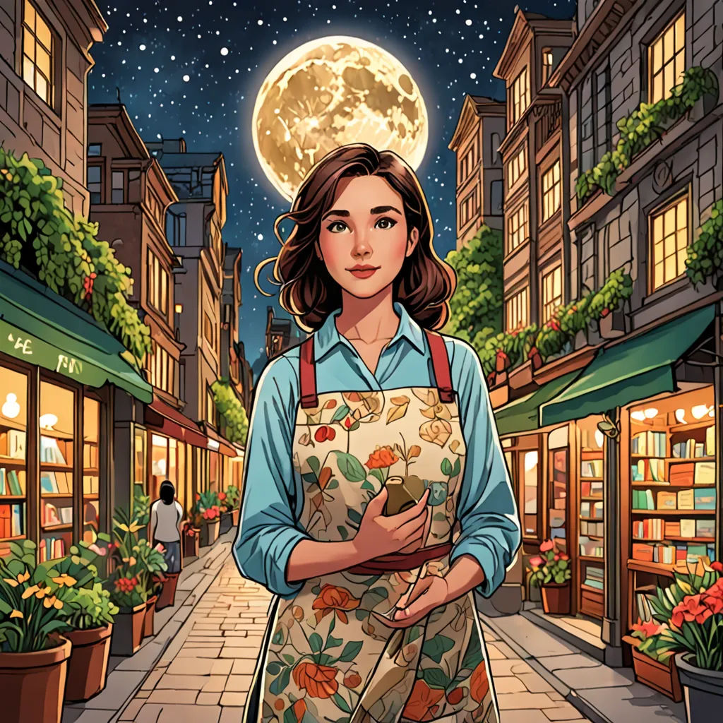 a woman in an apron is standing in a street with a full moon in the background and a book shop in the foreground, magical realism, a storybook illustration, Colin Middleton, comic cover art