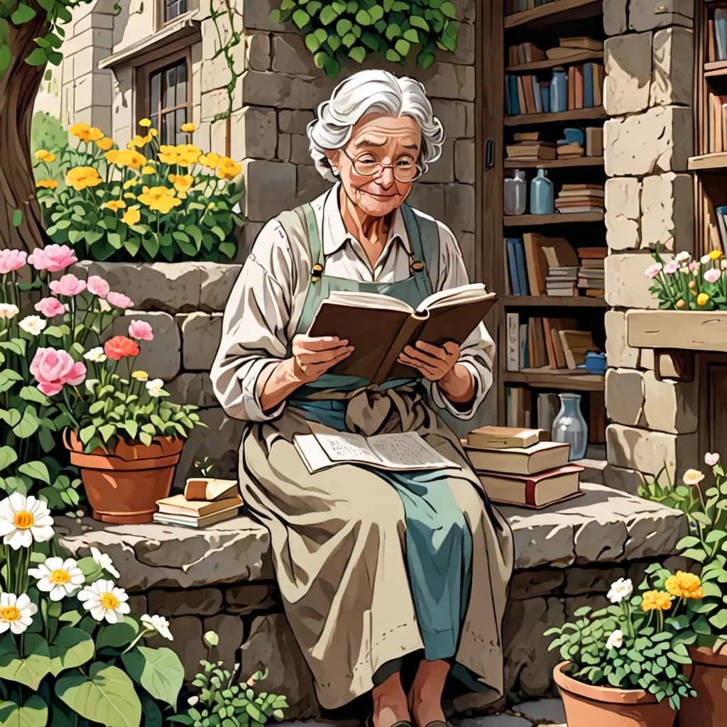 a painting of a woman reading a book in a garden with flowers and potted plants around her and a stone wall, fantasy art, a storybook illustration, Colin Middleton, storybook illustration