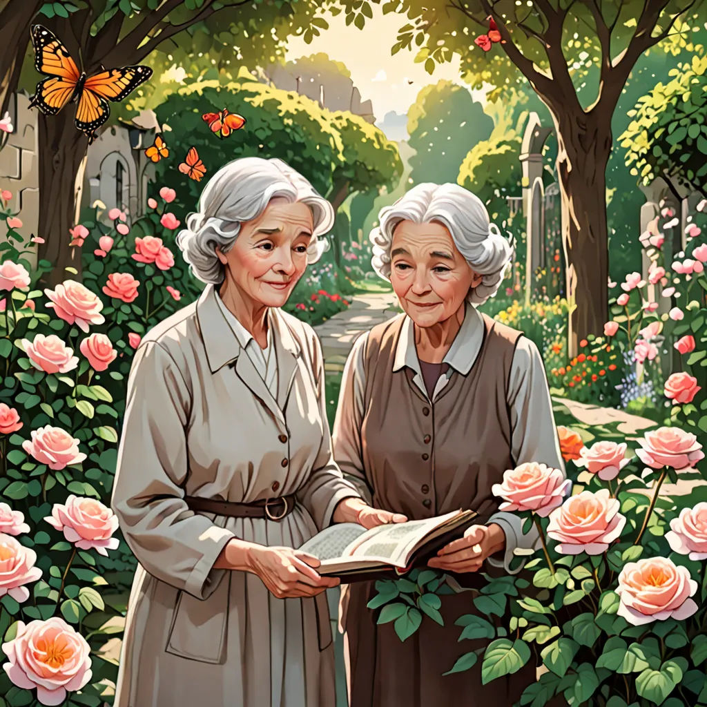two women standing in a garden with roses and a butterfly on the tree above them, reading a book, serial art, a storybook illustration, Brothers Hildebrandt, kinkade