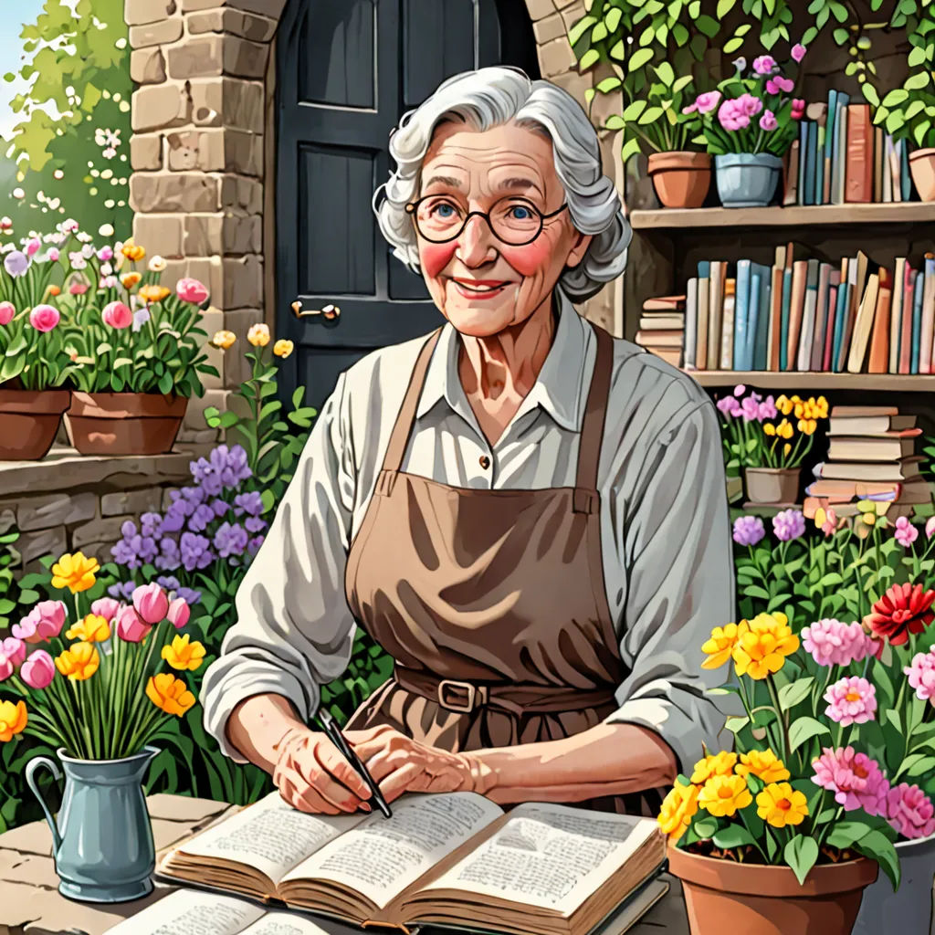 a painting of a woman sitting at a table with a book and flowers in front of her and a potted plant, naive art, a storybook illustration, Constance Copeman, highly detailed digital painting