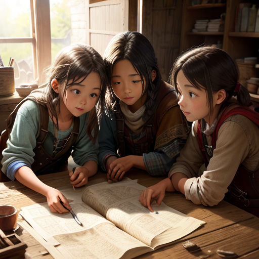 three girls are sitting at a table with a book and a pen in their hands and a book open to show the pages