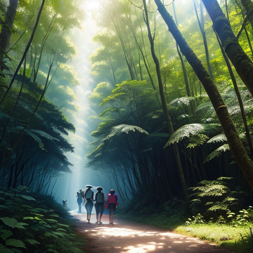 three people walking down a dirt road in the middle of a forest with sunlight streaming through the trees and the sun shining down on the trees