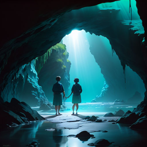 two people standing in a cave looking at the water below them and sunlight shining through the cave's ceiling