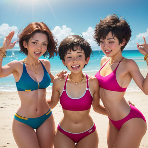 three women in bikinis posing for a picture on the beach with the ocean in the background and a bright blue sky