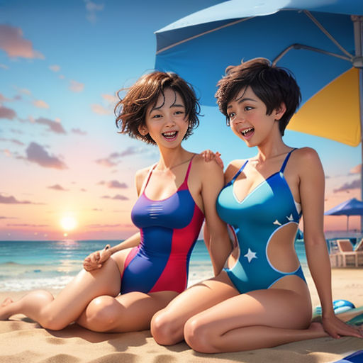 two women in bathing suits sitting on the beach under an umbrella and smiling at the camera, with the sun setting behind them