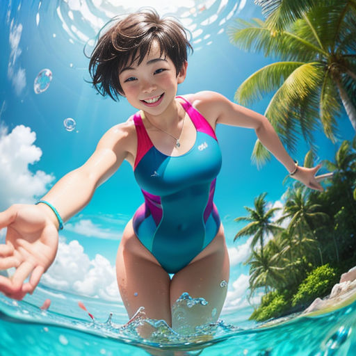 a woman in a blue swimsuit is in the water with a palm tree in the background and bubbles in the air