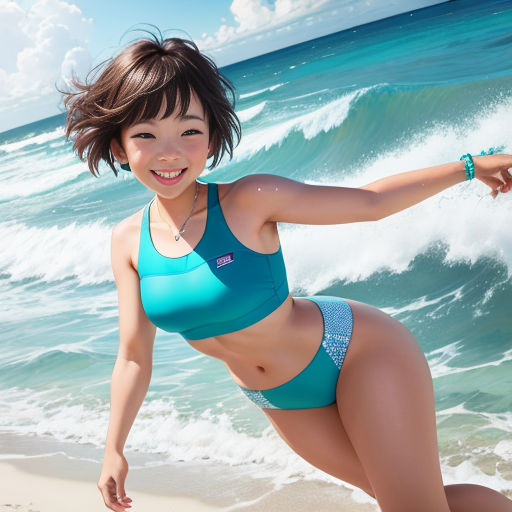 a woman in a blue bikini running on the beach with a wave crashing in the background and a blue sky