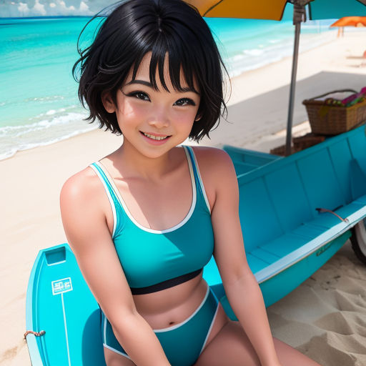a woman in a bikini sitting on a beach next to a boat and umbrellas on the beach,