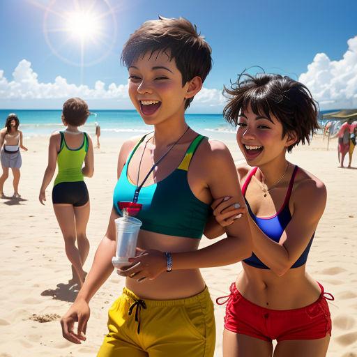 two women in bathing suits on a beach with others in the background and a sun shining on the water