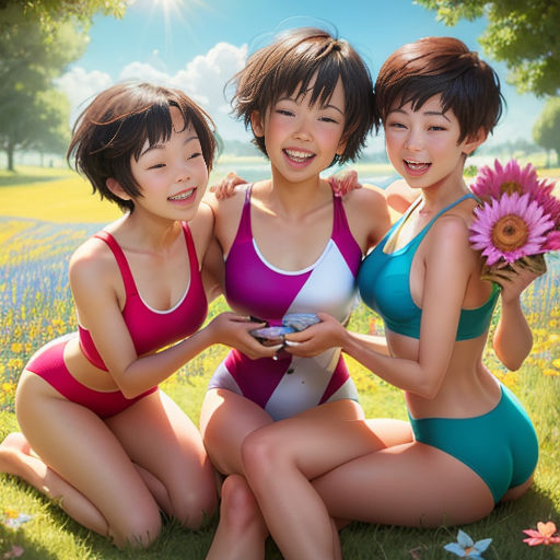 three women in bathing suits sitting on the grass with a flower in their hand and a sun in the background