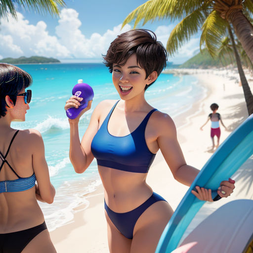 a woman in a bikini holding a purple object next to another woman in a bikini on a beach with a surfboard