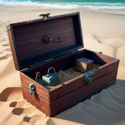 a wooden chest with a lock and key on a beach sand dune with a blue ocean in the background