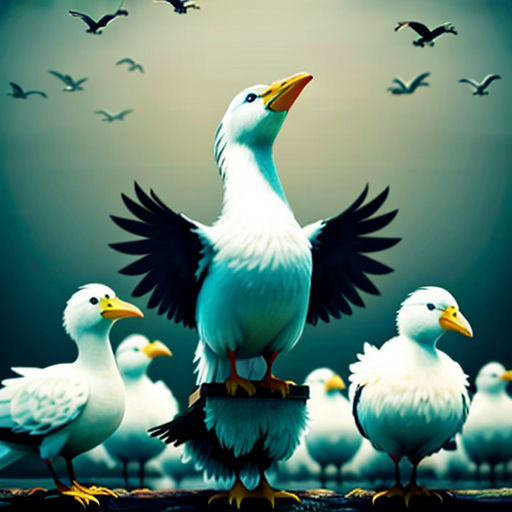 a group of birds standing on top of a wooden floor next to each other on a dark background with a full moon