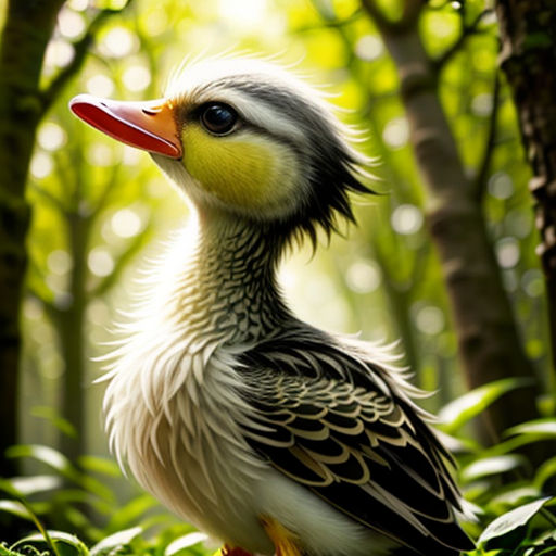 a duck with a long beak standing in the woods with trees in the background and sunlight shining through the leaves