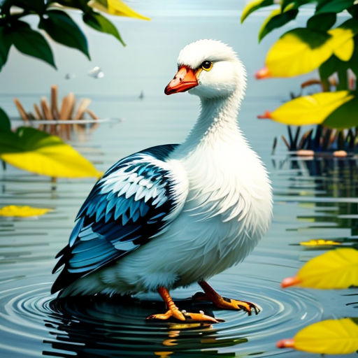 a duck is standing in the water surrounded by leaves and flowers, with a blue and white body of water in the background