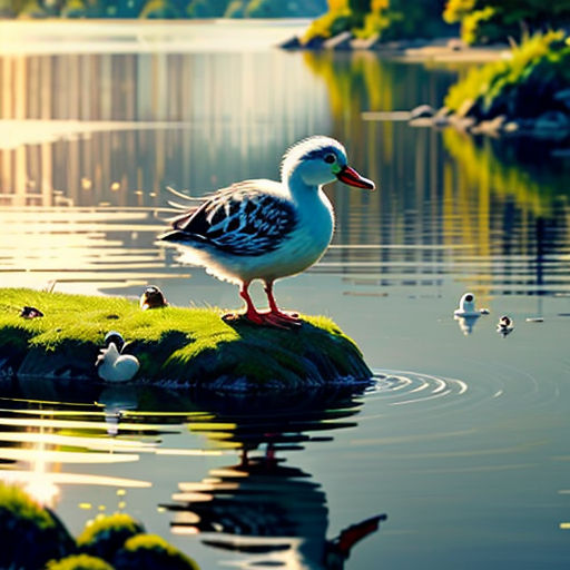 a bird standing on a rock in the water with ducks in the background and a lake in the foreground