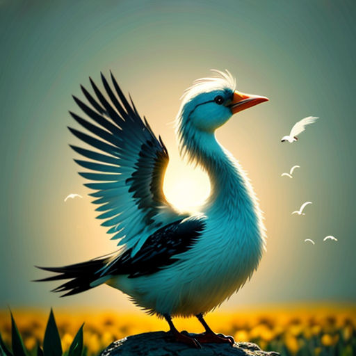 a bird with its wings spread standing on a rock in a field of flowers with a bird flying above it