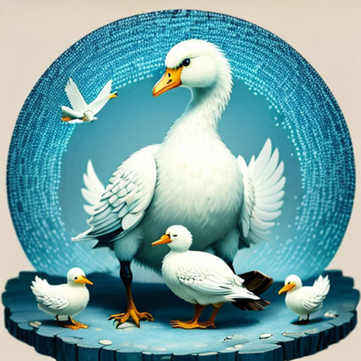 a group of birds standing on top of a blue plate with a blue background and a white bird with a yellow beak