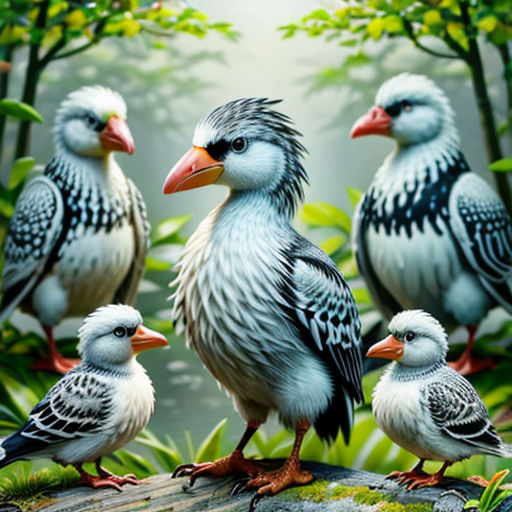 a group of birds standing on top of a rock in the forest with trees and grass in the background