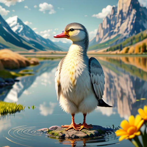 a duck standing on a rock in a lake with mountains in the background and a daisy in the foreground