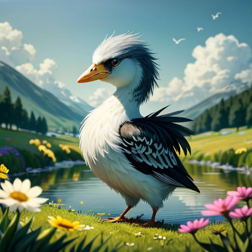 a bird standing on a grass covered field next to a lake and flowers in the background with a mountain range in the background