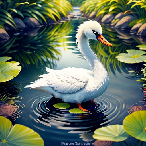 a white duck floating on top of a lake surrounded by lily pads and green leaves on a sunny day