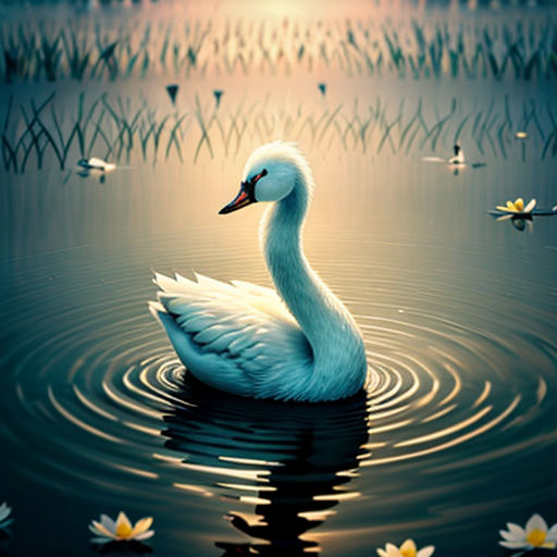 a swan floating on top of a lake next to a lily covered field with water lilies in the background