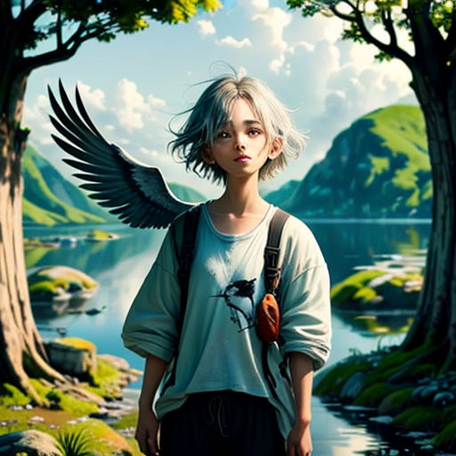 a girl with a backpack and wings standing in front of a lake with trees and mountains in the background