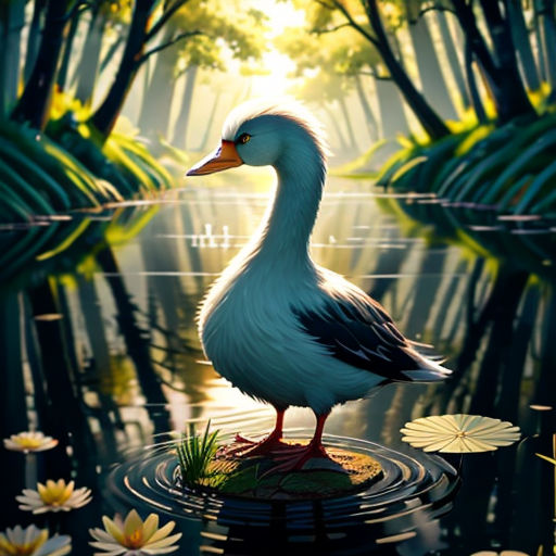 a duck standing on a lily pad in a pond with water lilies and trees in the background, with the sun shining through the trees