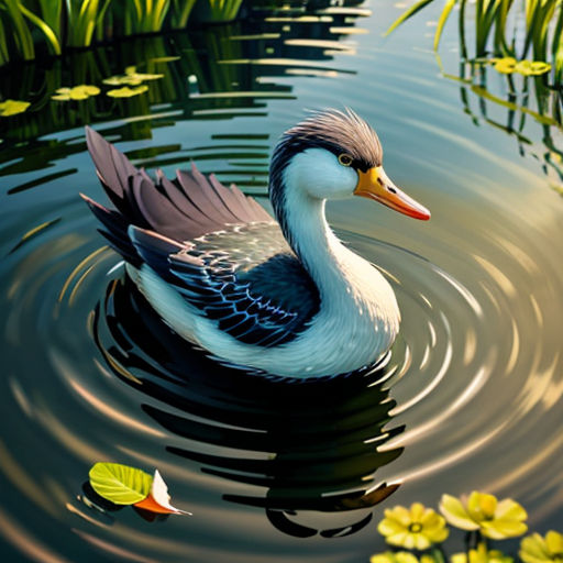 a duck floating on top of a lake next to a lush green field of flowers and grass with lily pads