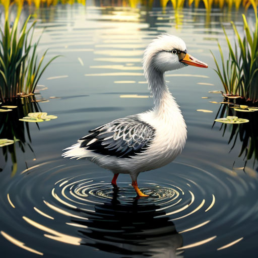 a duck standing in a pond with lily pads and reeds in the background, with a reflection of the duck in the water