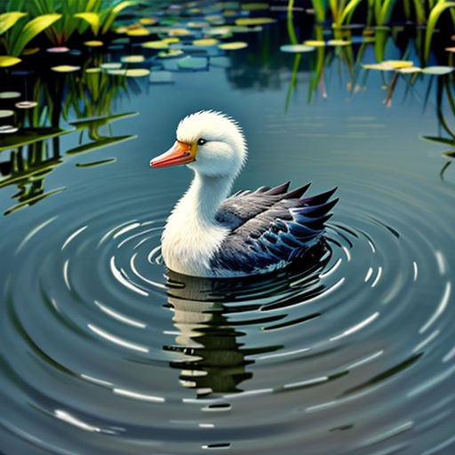 a duck floating on top of a lake surrounded by lily pads and water lillies in the background,