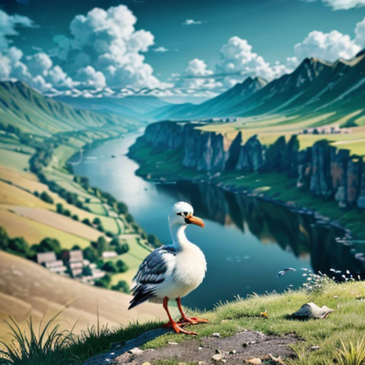 a painting of a bird standing on a hill overlooking a river and mountains with a cloudy sky above it