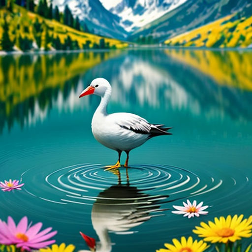 a bird standing in the water surrounded by flowers and mountains in the background with a lake in the foreground