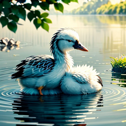 a duck is sitting in the water near some ducks and a tree in the background, with a pond in the foreground