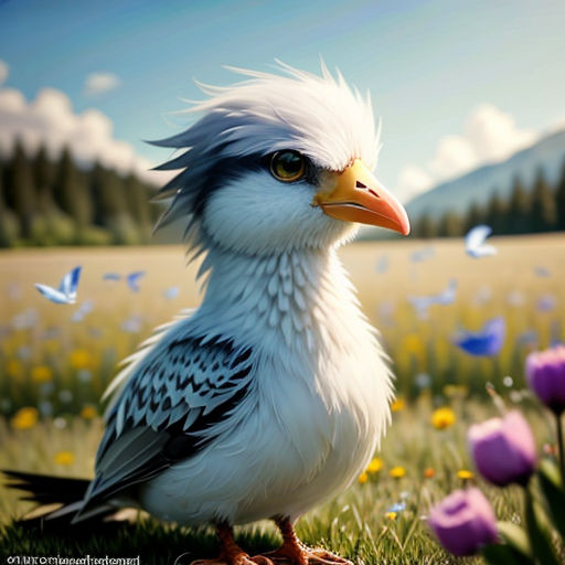 a bird with a long beak standing in a field of flowers and butterflies with a mountain in the background