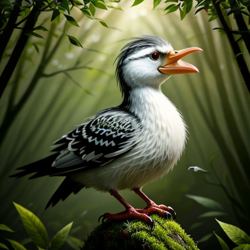 a bird with a long beak standing on a rock in a bamboo forest with green leaves and a bright light