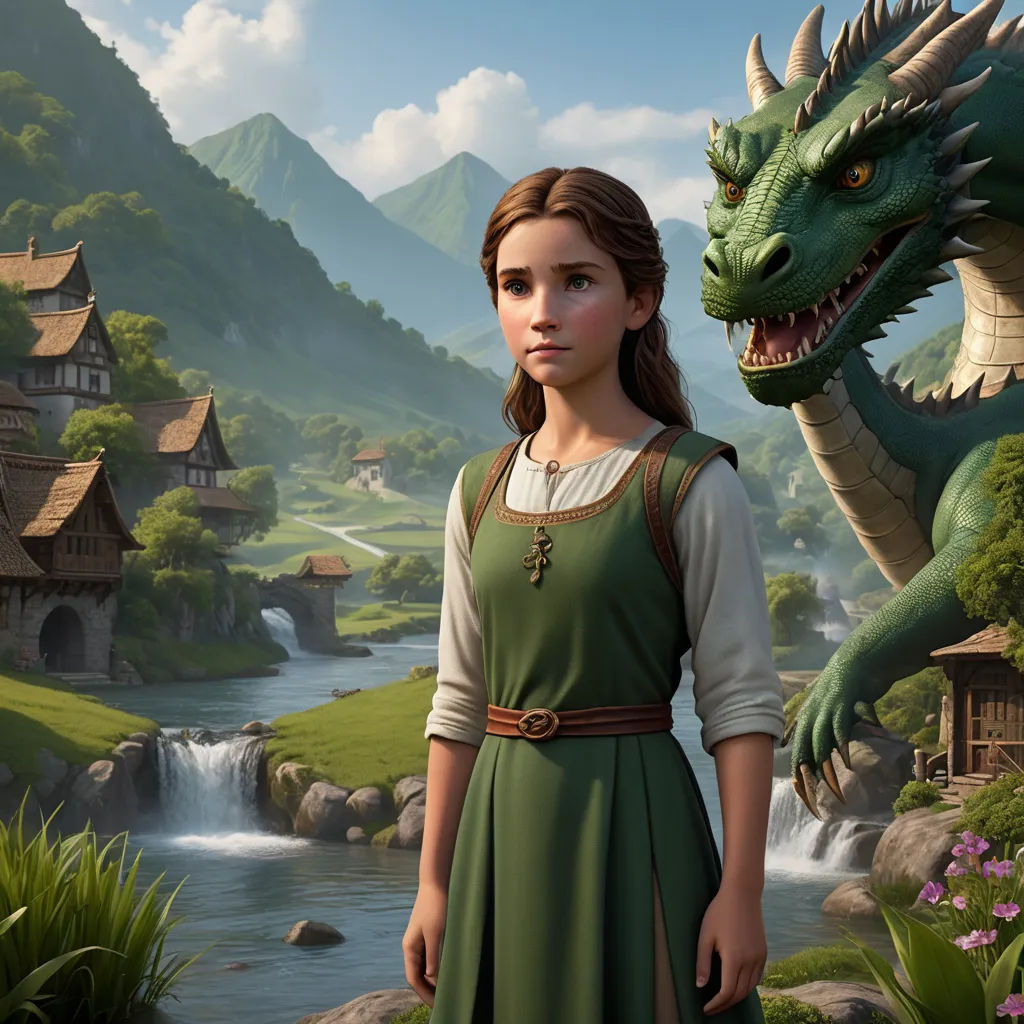 a girl in a green dress standing next to a dragon in a forest with a stream and a house, fantasy art, a detailed matte painting, Clint Cearley, promotional image
