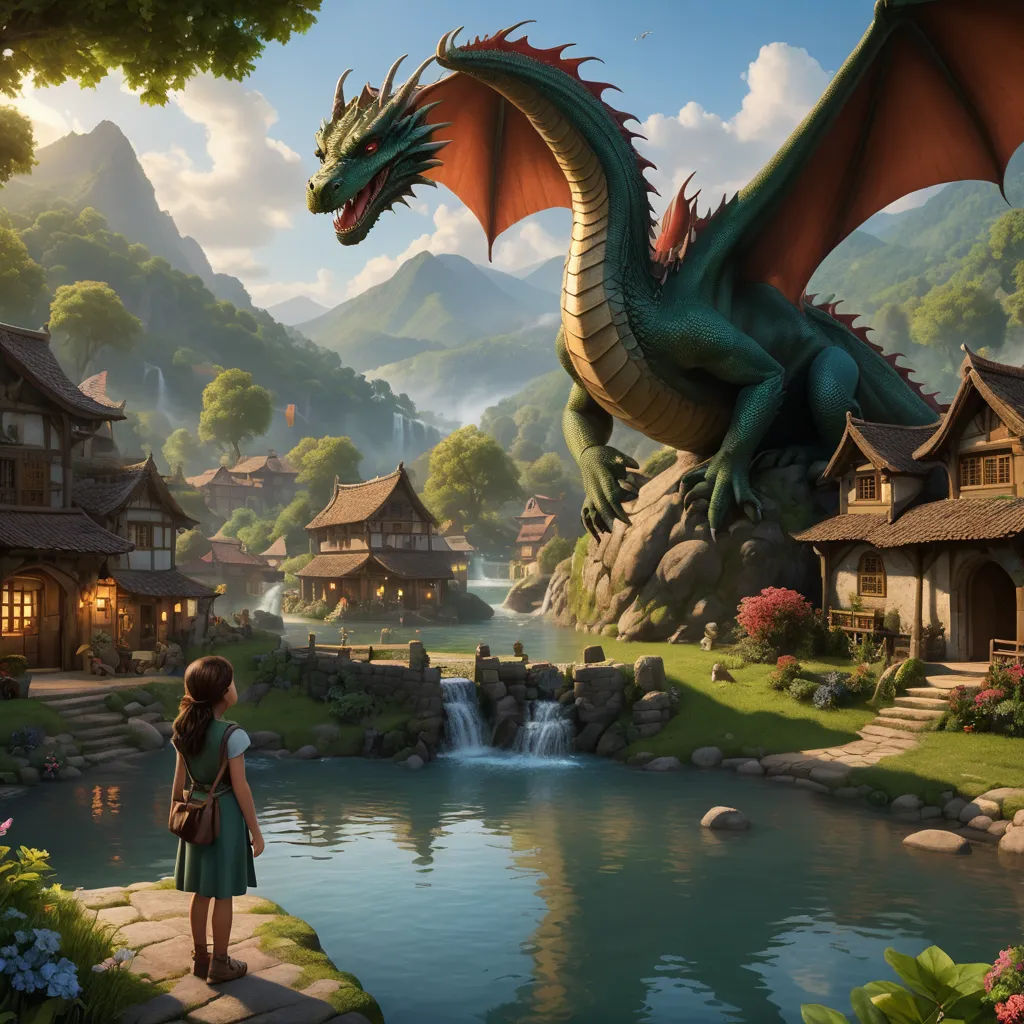 a girl looking at a dragon statue in a fantasy setting with a waterfall and a lake in front of her, fantasy art, a storybook illustration, Clint Cearley, dragon art